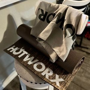 Hotworx Yoga Mat Brown Hemp Fiber and Anti-Slip Grey Towel.